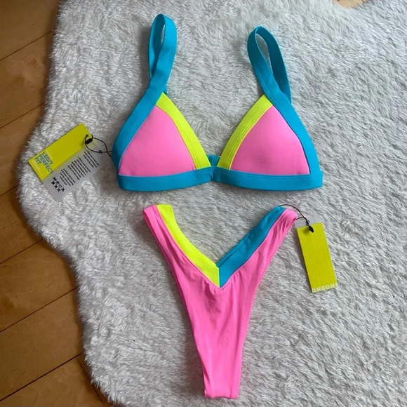 NWT OneOne Swimwear Bikini SET Martinica Pink Blue Yellow Neon Jesse Kameron New - Picture 1 of 12